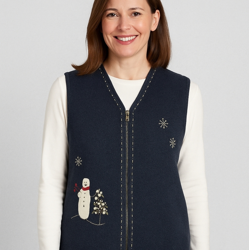 Woolrich Snowman Sweater Vest Black Zip Christmas Vintage